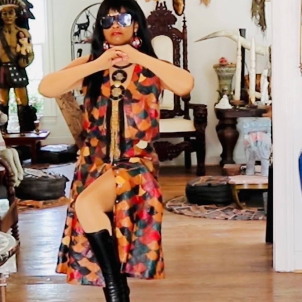 Rare multi checkerboard leather Vest & Skirt set S
